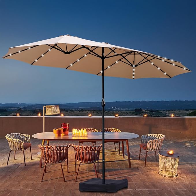 15ft Double Sided Patio Umbrella with Solar Lights, Outdoor Large Umbrellas with Crank Handle and 36 LED Lights, Rectangular Market Umbrella with Base Included for Deck Pool Shade (With Base)
