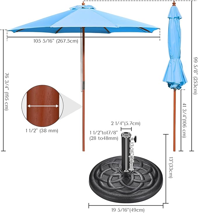 Yescom 9ft Coastal Solid Wood Umbrella Pulley Lift Commercial Base with Wheel Included for Seaside Restaurant Terrace Poolside Beach Club
