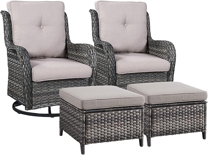 Rilyson Wicker Patio Furniture Set - 4 Piece Rattan Outdoor Patio Conversation Sets with 2 Swivel Rocking Chairs,2 Ottomans for Porch Deck Garden(Mixed Grey/Grey)