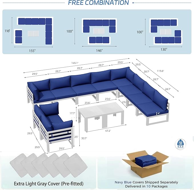 NICESOUL 12 Pcs Aluminum Patio Furniture Set for Large Groups, 500lbs Heavy Duty Outdoor Sectional Sofa with Coffee Table, L Shaped 29" Deep Wide Seating Conversation Couch for Garden Lawn, Navy Blue
