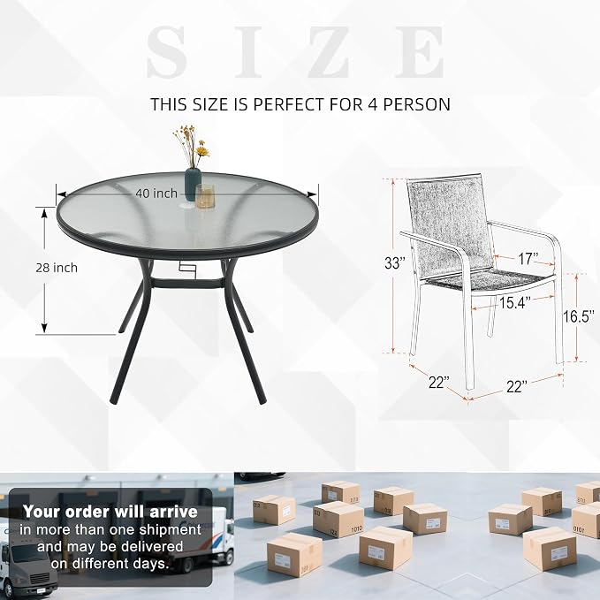 Outdoor Patio 40" Round Glass Table and Navy Stackable Chairs Dining Set 5 | 4 Piece Stackable Chairs Textilene Seat and Back, Table and Chair with Metal Frame, Round Glass Table Top, 1.7" Umbrella Hole