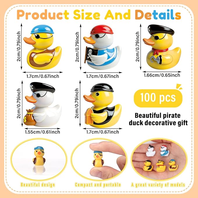 Novabright 100 Pcs Mini Resin Pirate Ducks Tiny Resin Small Ducks Mini Animal Figurines for DIY Cake Craft Garden Landscape Ornament Potted Decoration Birthday Party Supplies
