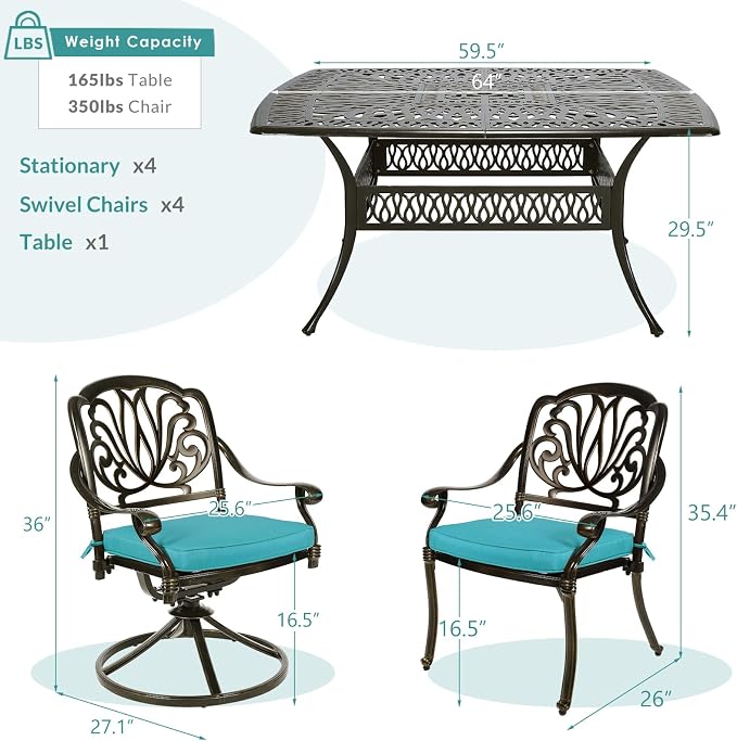 MEETWARM 9-Piece Outdoor Patio Dining Set for 8, All Weather Cast Aluminum Patio Funiture Table and Chairs Set- Large 64" Square Table, 4 Swivel Rocker Chairs, 4 Stationary, Umbrella Hole, Ocean Blue