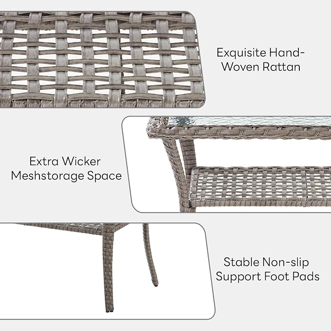 Belord 38 Inch Outdoor Coffee Table with 2 Tier Storage - Wicker Coffee Table with Water Ripple Texture Tempered Glass Top, All Weather Patio Coffee Table for Deck Porch Balcony Garden Gray
