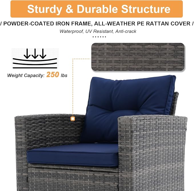 Super Patio 8 Pieces Outdoor Patio Furniture Set with 45” Fire Pit Table, Rattan Patio Conversation Sets with 50000 BTU Gas Fire Pit, Sectional Sofa Set with Storage Box, Navy Blue (Without Table)
