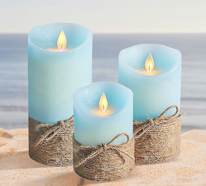 Ocean Blue Flameless Candles, Nautical Themed Led Pillar Candles with Remote & Timer, Decorative Flickering Candles for Gifts, Party, Wedding, Home Decorations - Set of 3