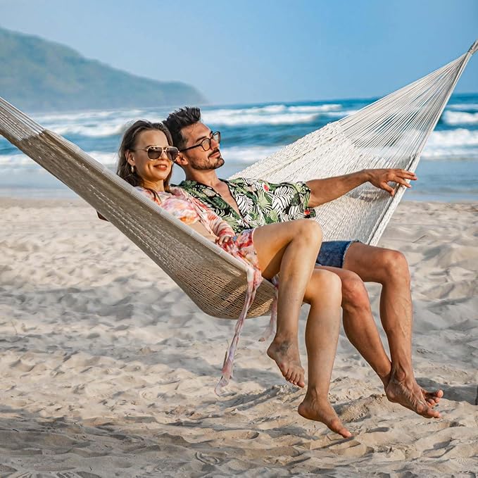 Lazy Daze Hammocks Handwoven Mayan Hammock, 10.5 FT Soft Rope Double Hammocks, Portable Outdoor Hammock with Carry Bag, 2 Straps & Carabiners for Patio Outside, 550 lbs Weight Capacity, Natural