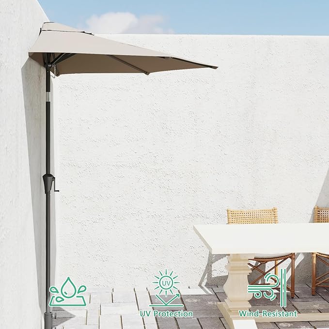 Helios&Hestia 9 ft Small Half Round Wall Outdoor Market Patio Umbrella with Tilt and Crank for Garden, Deck, Balcony