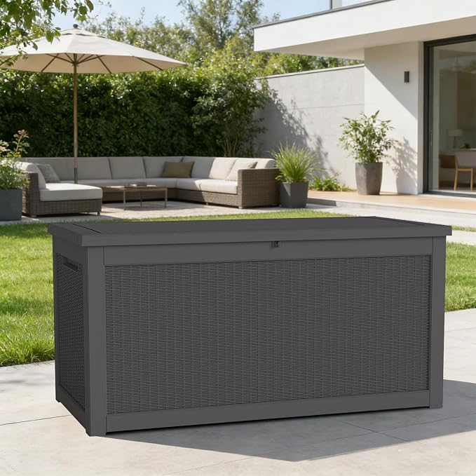 260 Gallon Outdoor Deck Boxes, IP68 Waterproof Outdoor Storage Box with Hydraulic Lid Support, Outside Resin Container for Furniture, Toy, Shoe, Garden & Patio Tools Storage -Black