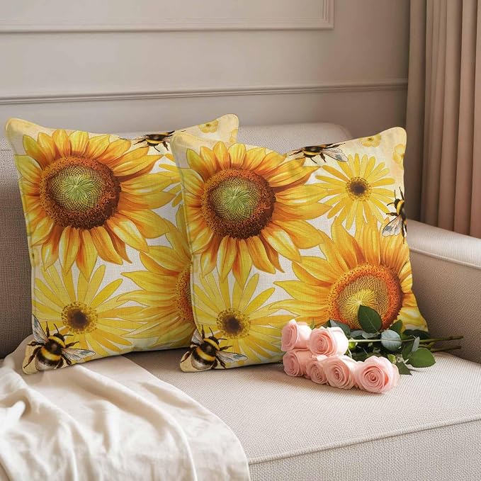 Outdoor Throw Pillow Covers,Farmhouse Sunflower Bee on Linen Waterproof Decorative Pillowcases Cushion Cover Retro Pastoral Yellow Flower Pillow Cases for Patio Couch Sofa Bed,20x20in Set of 2