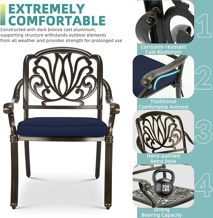 MEETWARM 7-Piece Outdoor Patio Dining Set, 6 Outdoor Dining Cushioned Chairs and 1 Rectangle Table with 2" Umbrella Hole, All Weather Cast Aluminum Patio Funiture Set for Backyard, Navy Blue