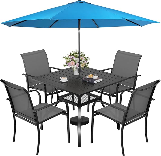 Incbruce 6 Pieces Patio Dining Set with Sky Blue Umbrella, Outdoor Dining Set of 4 Textilene Chairs and Square Table with Umbrella Hole for Backyard, Garden, and Poolside (Grey)