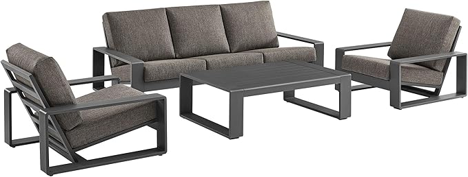 Modway Lirienne Aluminum 4-Piece Outdoor Furniture Set in Smoke – Patio Conversation Set with 3-Seater Sofa, 2 Armchairs & Coffee Table