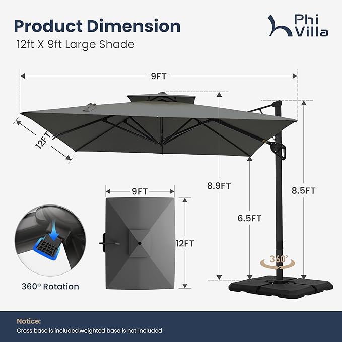 PHI VILLA 9x12 Cantilever Patio Umbrella with Base, Double Top Large Rectangular Umbrella, Heavy Duty 360° Rotation Hydraulic Outdoor Sun Umbrella Windproof for Pool, Garden,Grey
