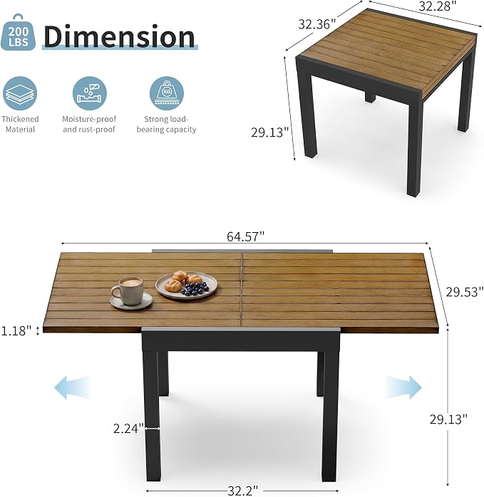 Expandable Patio Dining Table for 4-6 Person, Aluminum Extendable Outdoor Table, 32"-65" Adjustable Patio Table, Square/Rectangular Outdoor Accent Table for Garden, Backyard, Poolside, Teak