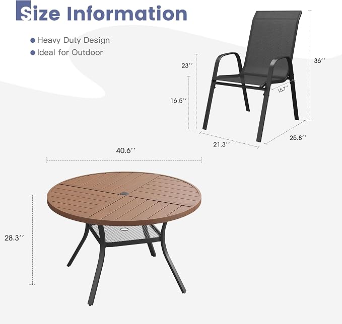 VICLLAX Round Outdoor Patio Dining Set for 4, Metal Slatted Patio Table with Umbrella Hole and 4 Stackable Patio Chairs for Deck Lawn Garden, Black Fabric and Walnut Tabletop