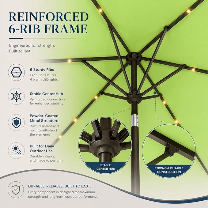 6.5 x 10ft Rectangular Patio Umbrella with Solar Lights, 16 LED Lighted Market Umbrella with Push-Button Tilt and Crank, 6 Sturdy Iron Ribs for Garden, Deck, Pool, Apple Green