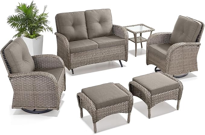 Belord 6 Pieces Wicker Patio Conversation Sets with Outdoor Swivel Rocker Chairs and Loveseat Glider Chair, All-Weather Rattan Furniture Set for Deck Patio Sunroom Backyard