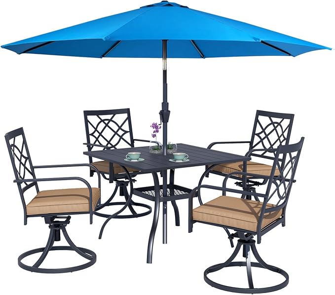Crownland 5 Piece Patio Dining Set, 4 Swivel Metal Chairs and Square Outdoor Dining Table with Sky Blue 9FT Round Outdoor Umbrella (Metal Tabletop)