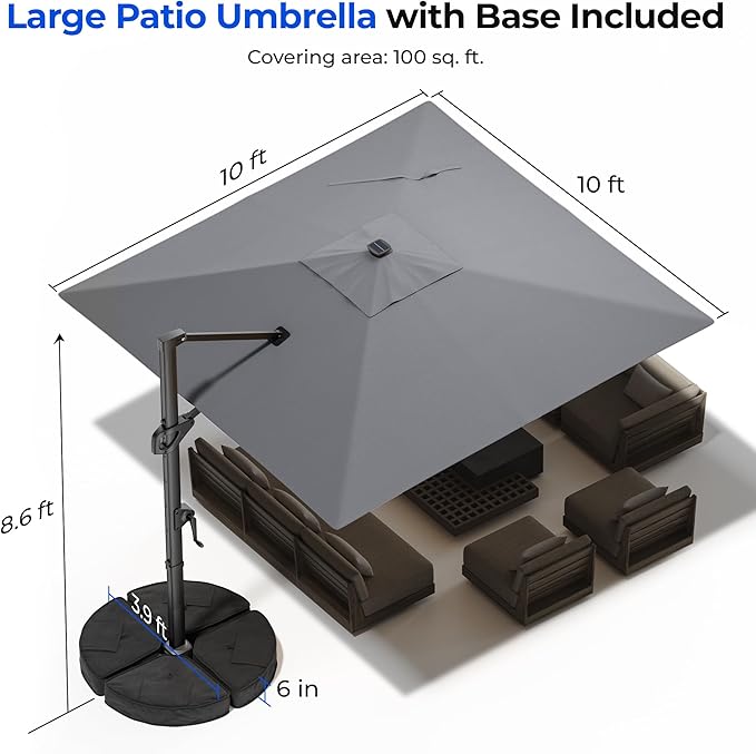 HOMSHADE 10 ft Square Cantilever Patio Umbrella with Base Included, Solar Lights Large Umbrella Outdoor Patio with 360°Rotation&Tilting, LED Lighted Offset Umbrellas w/Stand for Pool Deck