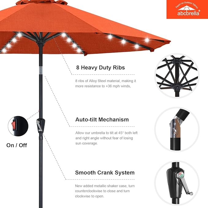 ABCCANOPY OLEFIN® 5-Year No Fading Patio Umbrella with Solar Lights (Orange)