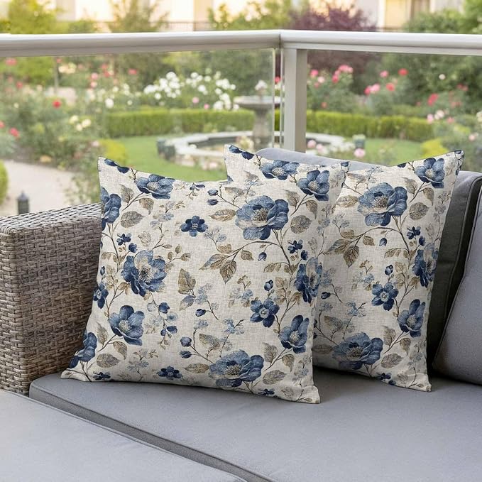 Blue Gray Waterproof Outdoor Pillow Covers 24''x24'' Set of 2, Vintage Botanical Patio Furniture Spring Florals Cushion Covers for Chairs, Decorative Farmhouse Pillow Cases for Garden/Pool/Beach