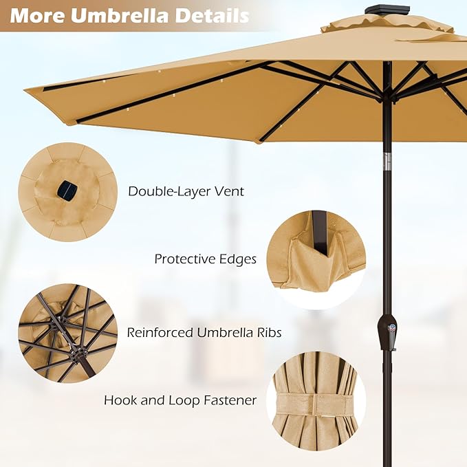 Giantex 9ft/10ft Outdoor Patio umbrella with Solar Lights, Table Market Umbrella with Crank and Push-button Tilt System, Solar LED Lighted Patio Umbrella for Backyard Deck Pool Beach