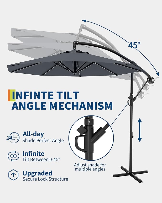 IDEALHOUSE 10FT Offset Cantilever Patio Umbrella with Cross Base, Large Outdoor Umbrella with Infinite Tilt & Crank Lift, UPF 50+ Fade-Resistant Fabric, Vented Canopy for Garden, Deck, Backyard