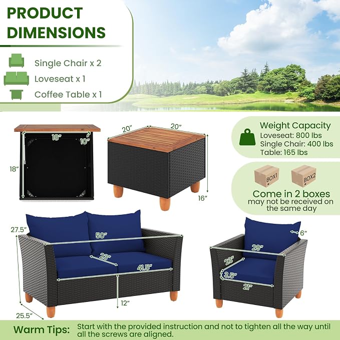 ORALNER 4 Pieces Patio Furniture Set, Outdoor Wicker Conversation Chairs, Loveseat w/Cushion, Acacia Lift-Top Coffee Table, Rattan Set for Balcony Garden Backyard Front Porch Poolside Deck (Navy)