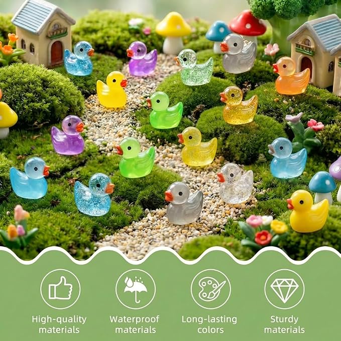 FEXIA 100pcs Mini Ducks Glitter Resin Tiny Ducks Animals Figures to Hide Glow in the Dark Duck Figures for Dollhouse Aquarium Fairy Garden Decor