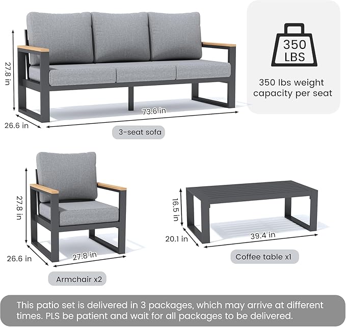 Sundale Outdoor Aluminum Patio Furniture Set, 4 Piece Outdoor Conversation Sets with Coffee Table and 6" Thick Olefin Cushions, All Weather Outdoor Sectional Set for Deck, Lawn, Yard (Grey)