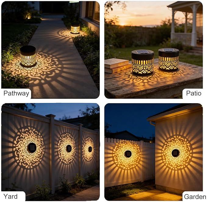 Solar Outdoor Fence Lights Decoration 2 Pack, Solar Wall Step Deck Lights Outdoor Garden Decor with Mandala Theme for Yard Art Porch Patio Backyard
