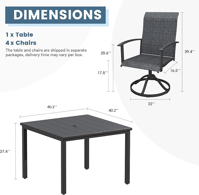 DIFY 5 Pieces Outdoor Dining Set, Metal Patio Table and Chairs Set for 4 with Umbrella Hole, 40.2" Black Square Table and Dark Grey Textilene Swivel Patio Chairs for Garden, Backyard, Poolside