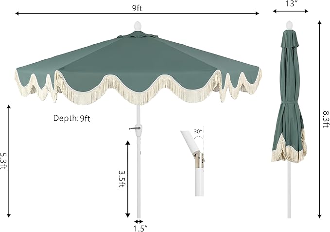 JONATHAN Y UMB1001 Collins 9 ft. Classic Cottage Tassel Market Patio Umbrella with Auto-Tilt, Crank, Wind Vent and UV Protection