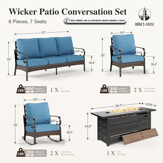 HERA'S HOUSE 6 Piece Metal Patio Furniture Set with 56" Fire Pit Table, All Weather Outdoor Conversation Set 7 Seats, 3 Seat Sofa, 2 Rocking Chairs, 2 Fixed Chairs for Backyard Garden Deck, Navy Blue