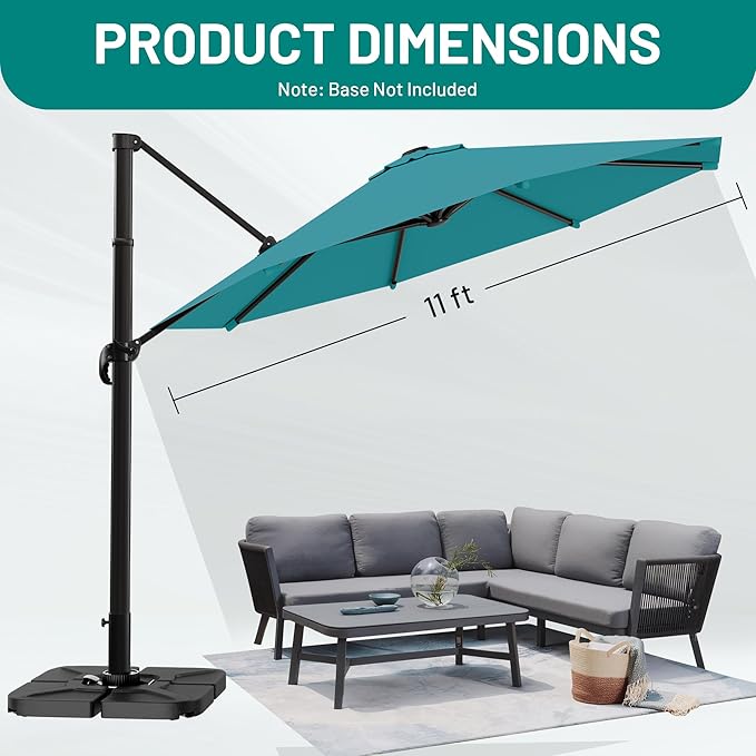 AreShark 11FT Round Cantilever Patio Umbrella with Base Included, 360° Rotation Offset Outdoor Umbrella, 5 Tilt Settings Heavy Duty Hanging Parasol for Deck Garden Pool, Lake Blue