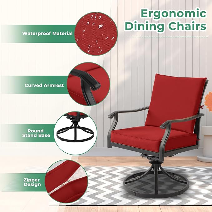 LVUYOYO 5-Piece Outdoor Patio Dining Set, Metal Swivel Chairs & Square Table Set, All-Weather Furniture for Backyard, Garden,Balcony,Porch (Red)