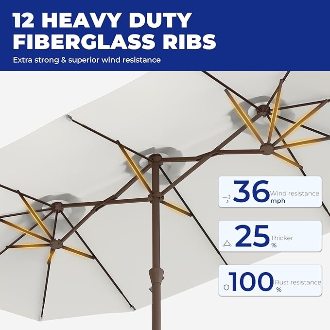BRIOPAWS 15-FT-Large-Patio-Umbrella-with-Base | Double-Sided | Outdoor Table Umbrellas | w/Crank Handle | 12 Sturdy Fiberglass Rib | UV-Protection | for Garden Deck Backyard Pool | Beige