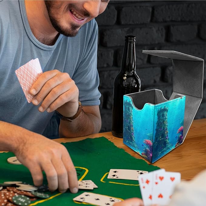 Underwater Castle Card Deck Box for MTG, Personalized Card Storage Case Fits 120+ Sleeved Cards, Premium Leather TCG Box with Strong Magnetic Closure for Magic, CCG, PTCG, Baseball Cards