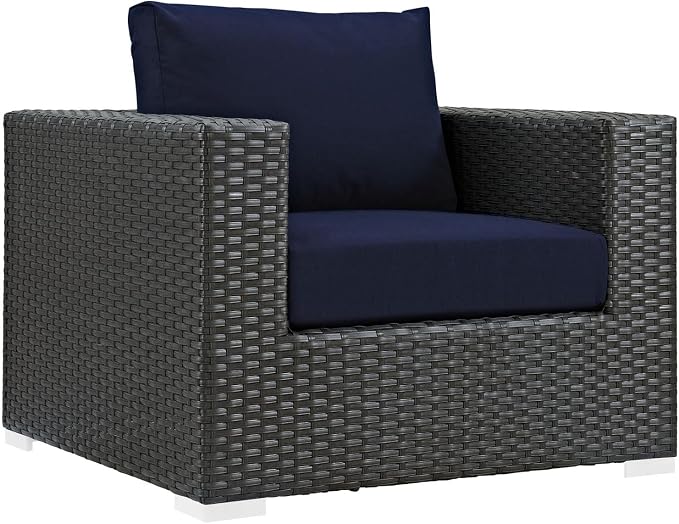 Modway Sojourn Wicker Rattan 3 Piece Outdoor Patio Sunbrella Sectional Set in Canvas Navy