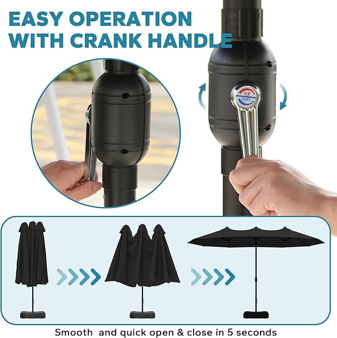15ft Large Double-sided Pool Umbrella with Base Included, Outdoor Patio Umbrella with Crank Handle, Market Umbrella for Garden, Backyard (Black)