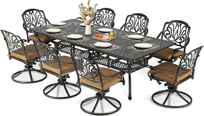 MEETWARM 9-Piece Outdoor Patio Dining Set for 8, All Weather Cast Aluminum Patio Funiture Table and Chairs Set- 94.5” Rectangular Table and 8 Cushioned Swivel Rocker Chairs, 2" Umbrella Hole, Khaki