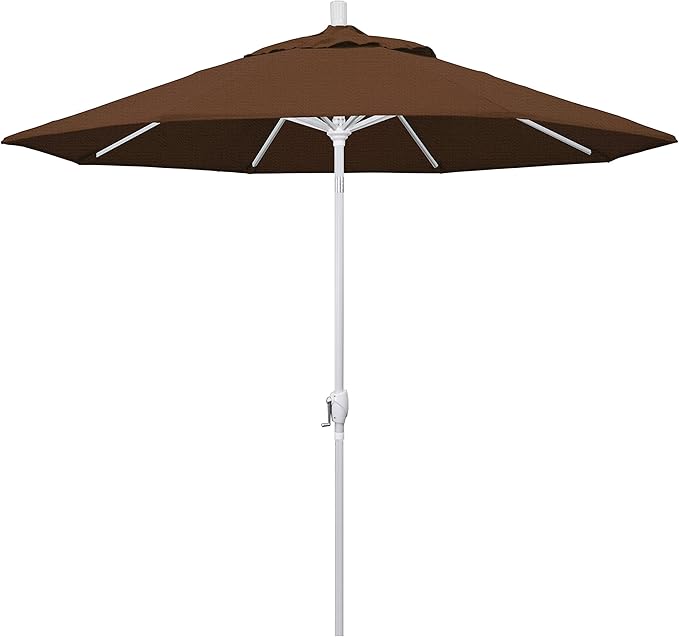California Umbrella 9' Round Aluminum Market Umbrella, Crank Lift, Push Button Tilt, White Pole, Teak Olefin