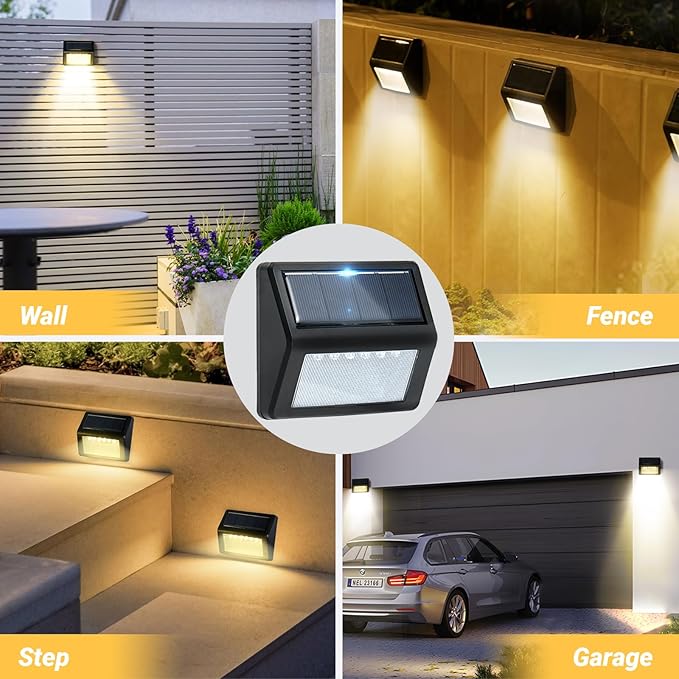 Bright Solar Fence Lights, 12 Pack Outdoor Step Lights, IP65 Waterproof, 3000K Warm-White, Dusk to Dawn Outdoor Lighting with 6 LED for Wall, Garage, Patio, Exterior, Porch