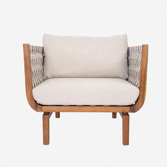 Christopher Knight Home Gwen 5 Piece Acacia Wood Patio Conversation Set with Sofa, Coffee Table, Ottoman and Club Chairs, Patio Sofa Set with Cushions, Outdoor Patio Furniture Set for 6,Teak+Beige
