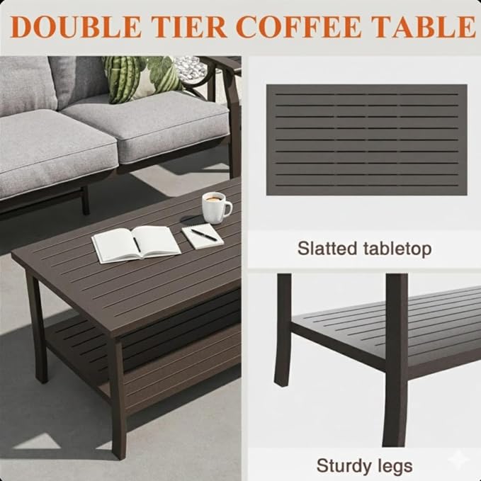Hassyee 2 Pieces All-Weather Metal Outdoor Conversation Set with Coffee Table and Removable Cushions for Balcony, Patio Furniture Set with Modern Curved Design for Backyard, Lawn (2 PCS Set)