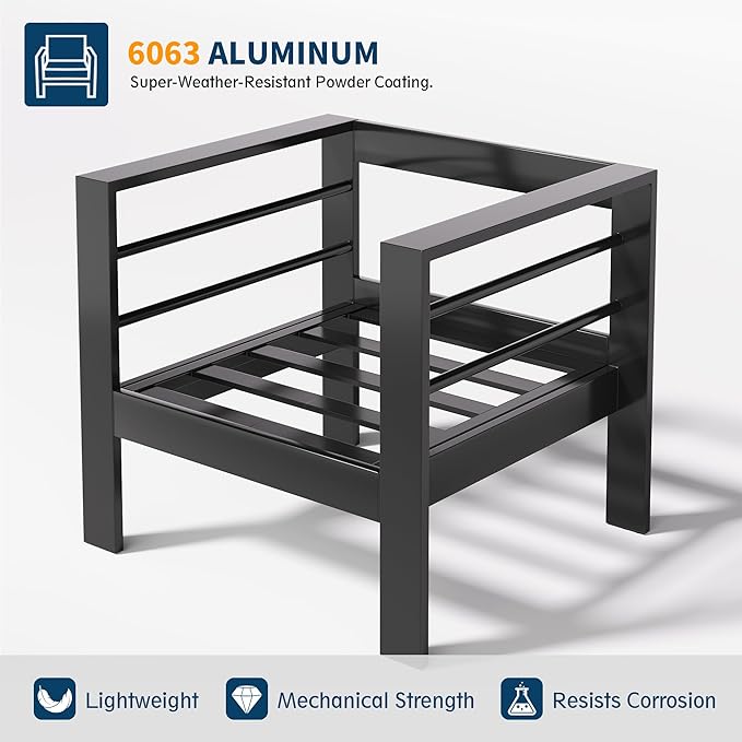 UDPATIO Aluminum Patio Furniture Set, 4 Pieces Outdoor Conversation Set with Waterproof Covers, All-Weather Modern Sectional Sofa for Patio, Deck, Backyard, Dark Grey/Dark Grey
