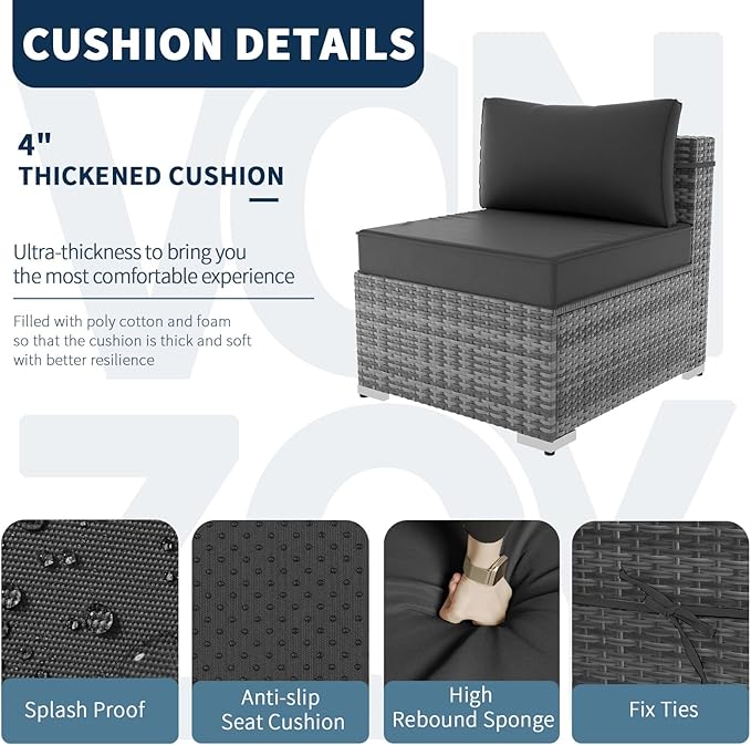 Outdoor Patio Furniture Set 7 Pieces Sectional Rattan Sofa Set, PE Wicker Patio Conversation Set with 6 Seat Cushions and 1 Tempered Glass Table and Furniture Cover, Black
