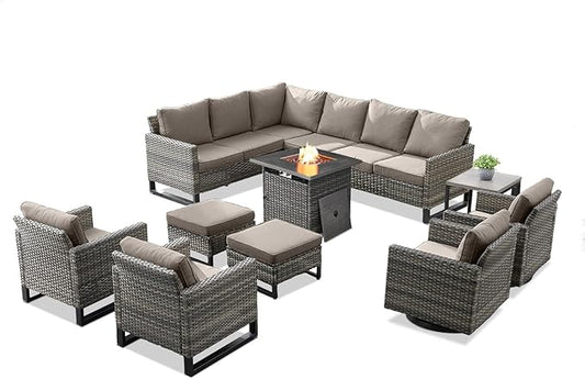 Patio Sectional Furniture Set with Fire Pit Table: 10 Pieces Wicker Patio Conversation Set with L Shaped Sofa, Outdoor Swivel Glider Rocker, Rattan Club Chairs, Ottomans, Removable Cushions Grey