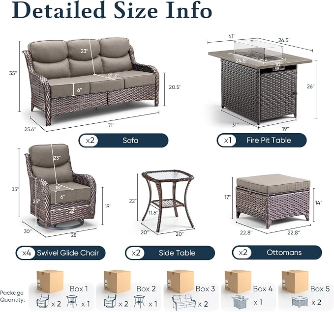 Belord Luxury 6" Thick Cushioned 11 Pieces Patio Furniture Set with Fire Pit Table, Wicker Outdoor Conversation Set with High Back Swivel Rocker Chairs for Deck Porch Yard and Poolside - Brown+Grey